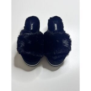 Michael Kors Faux Fur Platform Slide Slippers Black MK Logo